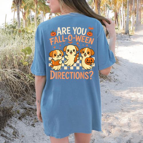 Are You Fall O Ween Directions Teacher Halloween Dog Ghost Women's Comfort Colors T-Shirt Back Print - teacherstshirts.com CA