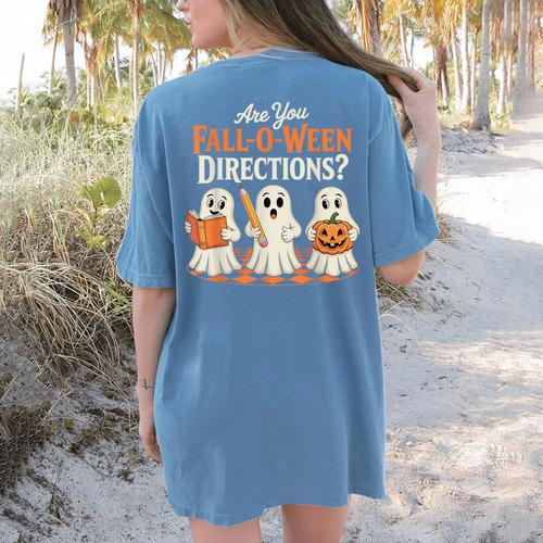 Are You Fall O Ween DirectionsRetro Teacher Halloween Ghost Women's Comfort Colors T-Shirt Back Print - teacherstshirts.com