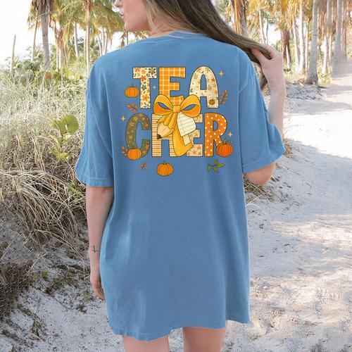 Fall Teacher Pumpkin Coquette Bow Autumn Classroom Women's Comfort Colors T-Shirt Back Print - teacherstshirts.com AU