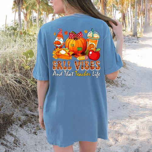 Fall Vibes Costume Teacher Thanksgiving Leopard Gnome Women's Comfort Colors T-Shirt Back Print - teacherstshirts.com AU