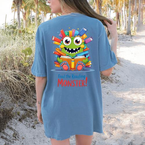 Feed The Reading Monster Halloween Teacher Women's Comfort Colors T-Shirt Back Print - teacherstshirts.com