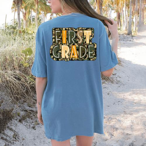 First 1St Grade Camo Camouflage Boy Teacher Back To School Women's Comfort Colors T-Shirt Back Print - teacherstshirts.com UK