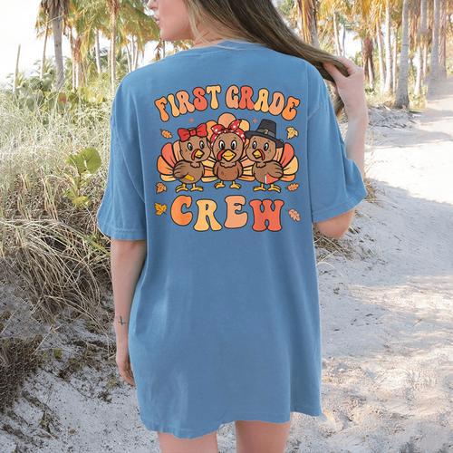 First Grade Crew Thanksgiving Fall Teacher 1st Grade Team Women's Comfort Colors T-Shirt Back Print - teacherstshirts.com CA