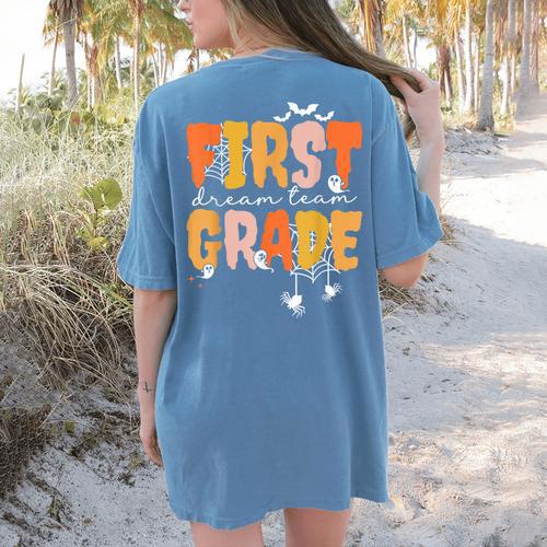 First Grade Dream Retro Team Fall Halloween Spooky Teachers Women's Comfort Colors T-Shirt Back Print - teacherstshirts.com AU