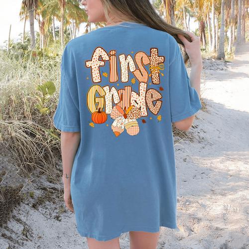 First Grade Fall Floral Coquette Bow Teachers Students Women's Comfort Colors T-Shirt Back Print - teacherstshirts.com
