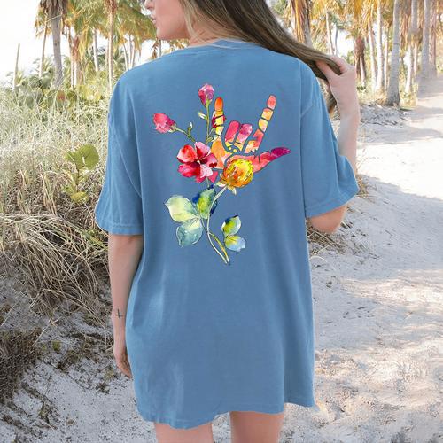 Flower American Sign Language ASL Teacher Teaching Deaf Women's Comfort Colors T-Shirt Back Print - teacherstshirts.com UK