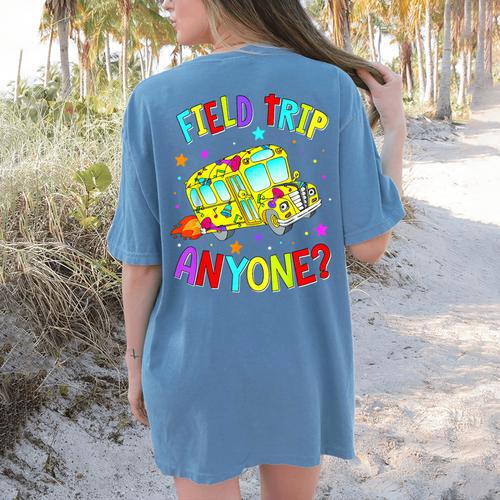Groovy Field Trip Anyone Happy Field Day For Teachers Kids Women's Comfort Colors T-Shirt Back Print - teacherstshirts.com DE