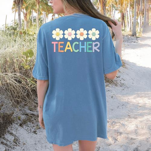 Groovy Teacher Cute Daisy Flower Retro Back To School Women's Comfort Colors T-Shirt Back Print - teacherstshirts.com AU