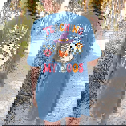 Groovy Teaching My Boos Teacher Ghost Halloween Teacher Women&#x27;s Comfort Colors T-Shirt Back Print - teacherstshirts.com