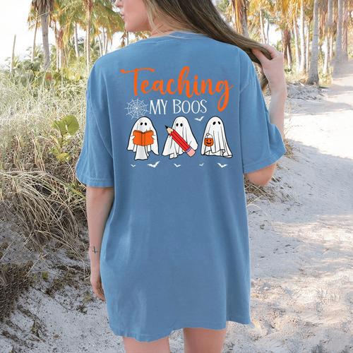 Halloween Ghost Teachers Teaching My Boos Costume Women Men Women's Comfort Colors T-Shirt Back Print - teacherstshirts.com UK
