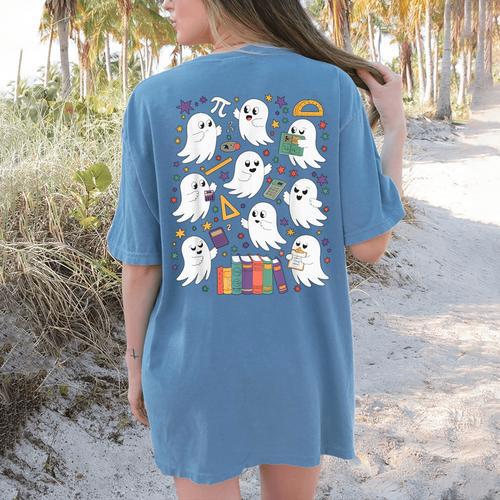 Halloween Math Teacher Ghost Math Teacher Spooky Halloween Women's Comfort Colors T-Shirt Back Print - teacherstshirts.com DE
