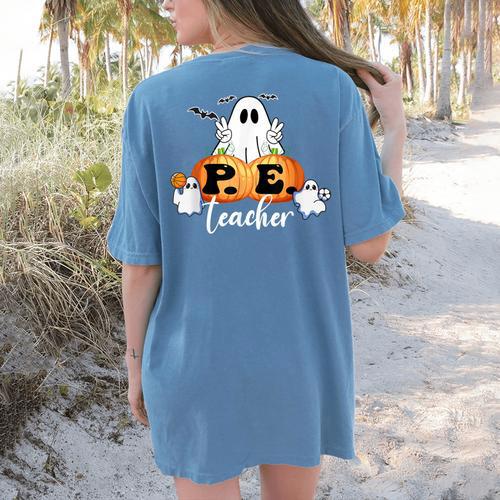 Halloween PE Teacher Ghosts Pumpkins Sports Lover Women's Comfort Colors T-Shirt Back Print - teacherstshirts.com DE