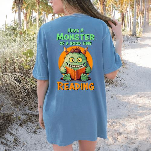 Halloween Teacher Librarian Monster Reading Books Men Women Kids Women's Comfort Colors T-Shirt Back Print - teacherstshirts.com