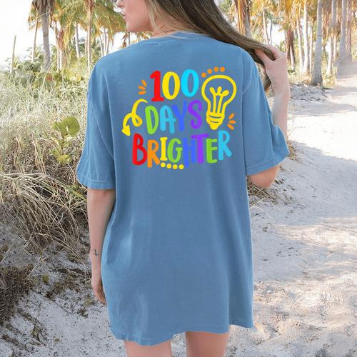 Happy 100th Day Of School 100 Days Brighter Girls Teacher Women's Comfort Colors T-Shirt Back Print - teacherstshirts.com DE
