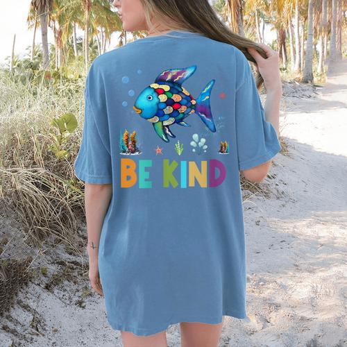 Happy First Day Of School Fish Rainbows Teacher Be Kind Women's Comfort Colors T-Shirt Back Print - teacherstshirts.com UK