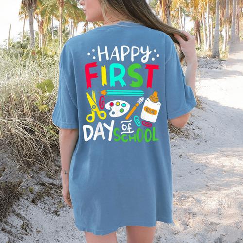 Happy First Day Of School Teacher Back To School Student Women's Comfort Colors T-Shirt Back Print - teacherstshirts.com