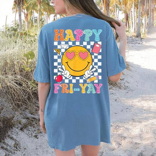 Happy Fri-Yay Groovy Teacher Friday Weekend Fri Yay Women's Comfort Colors T-Shirt Back Print - teacherstshirts.com AU