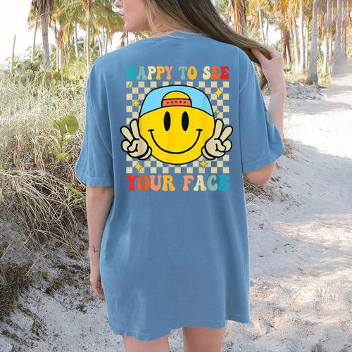 Happy To See Your Face Hippie Smile Back To School Teachers Women's Comfort Colors T-Shirt Back Print - teacherstshirts.com UK