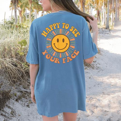 Happy To See Your Face Retro Happy Teacher Back To School Women's Comfort Colors T-Shirt Back Print - teacherstshirts.com UK