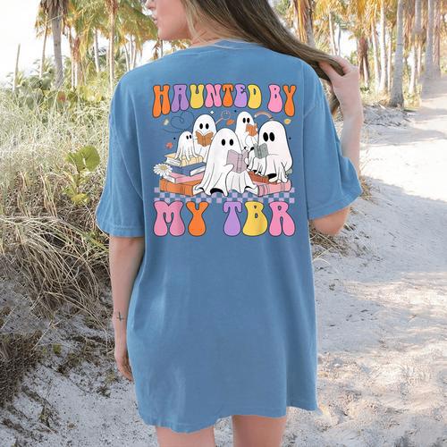 Haunted By My TBR Cute Ghosts Book Reading Teacher Halloween Women's Comfort Colors T-Shirt Back Print - teacherstshirts.com AU