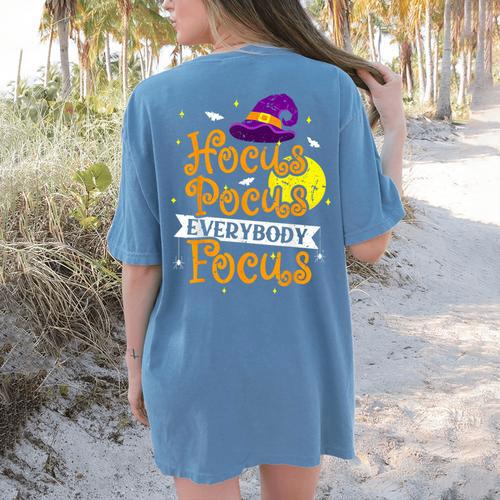 Hocus Pocus Everybody Focus Halloween Teacher Men Women Kids Women's Comfort Colors T-Shirt Back Print - teacherstshirts.com CA