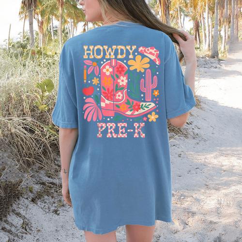 Howdy Pre-K Cowgirls Teacher Back To School Women's Comfort Colors T-Shirt Back Print - teacherstshirts.com AU