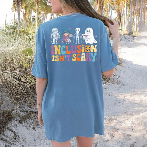 Inclusion Isn't Scary SLP Halloween Sped Teacher Women's Comfort Colors T-Shirt Back Print - teacherstshirts.com UK