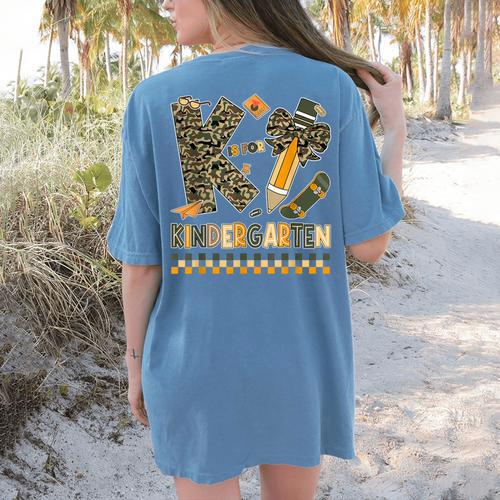 K Is For Kindergarten Teacher Coquette Bow Camo Women's Comfort Colors T-Shirt Back Print - teacherstshirts.com UK