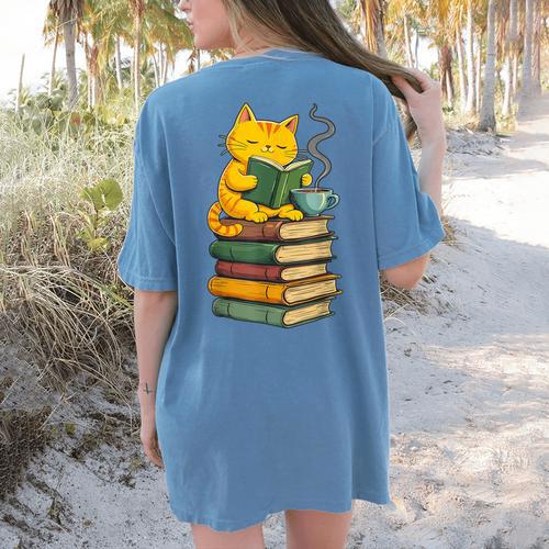 Kawaii Cats Lover Coffee Books Teacher Librarian Cat Women's Comfort Colors T-Shirt Back Print - teacherstshirts.com