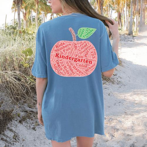 Kindergarten Apple Word Art For Teachers & Students Women's Comfort Colors T-Shirt Back Print - teacherstshirts.com AU