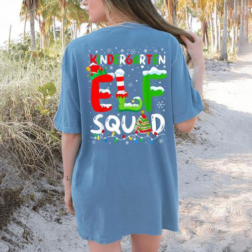 Kindergarten ELF Squad Christmas ELF Student Teacher Men Women Kids Women's Comfort Colors T-Shirt Back Print - teacherstshirts.com DE