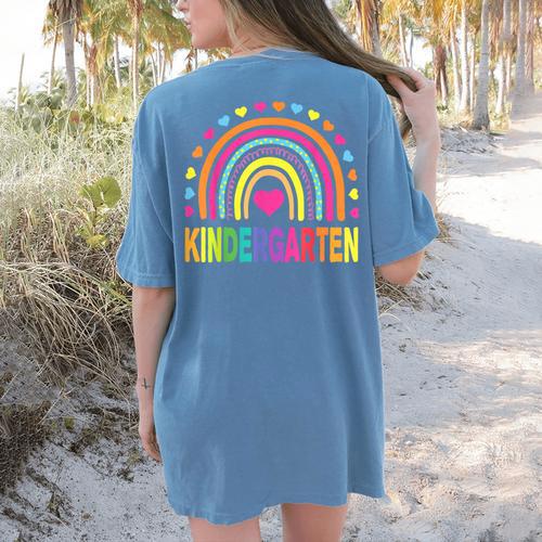 Kindergarten Rainbow Girls Boys Teacher Team Kinder Squad Women's Comfort Colors T-Shirt Back Print - teacherstshirts.com UK