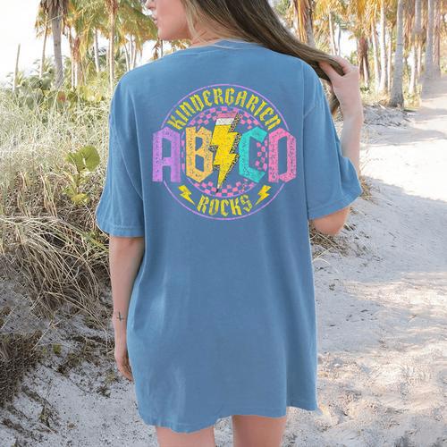 Kindergarten Rocks ABCD Back To School Rock Teacher Women's Comfort Colors T-Shirt Back Print - teacherstshirts.com DE