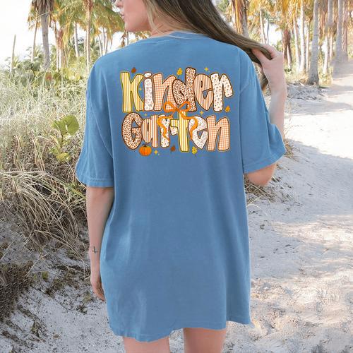 Kindergarten Teacher Fall Pumpkin Autumn Cute Women's Comfort Colors T-Shirt Back Print - teacherstshirts.com DE