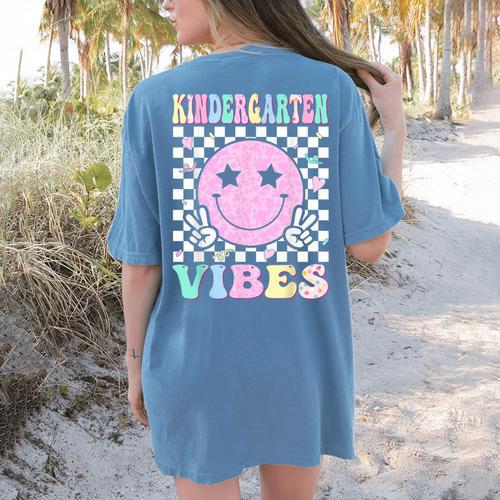 Kindergarten Vibes First Day Of School Kindergarten Teacher Women's Comfort Colors T-Shirt Back Print - teacherstshirts.com UK