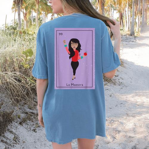 La Maestra Mexican Bingo Card Teacher Lottery Card Women's Comfort Colors T-Shirt Back Print - teacherstshirts.com UK