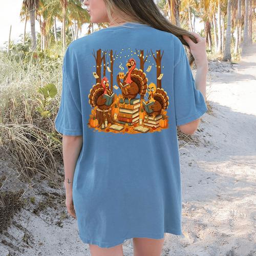Librarian Turkey Reading Book Fall Thanksgiving Teacher Women's Comfort Colors T-Shirt Back Print - teacherstshirts.com AU