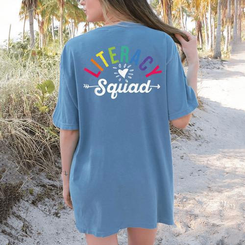 Literacy Squad Reading Teacher Interventionist Specialist Women's Comfort Colors T-Shirt Back Print - teacherstshirts.com