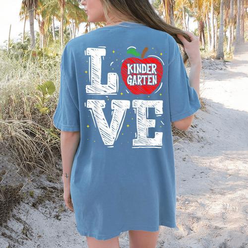 LOVE Kindergarten Teacher Student School Apple Women's Comfort Colors T-Shirt Back Print - teacherstshirts.com AU