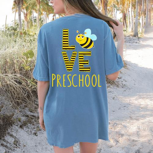 Love Preschool Back To School Yellow Bee Preschool Teacher For Men Women Girls Kids Women's Comfort Colors T-Shirt Back Print - teacherstshirts.com CA