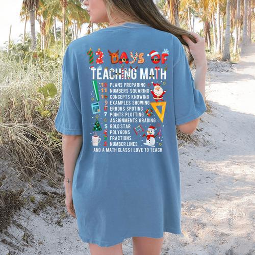 Math Teacher Christmas 12 Days Of Teaching Math Christmas Women's Comfort Colors T-Shirt Back Print - teacherstshirts.com CA