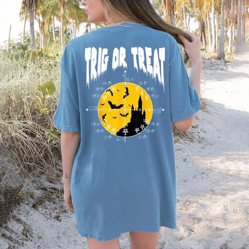Nerdy Trig Or Treat Halloween Costume Math Teacher Women's Comfort Colors T-Shirt Back Print - teacherstshirts.com CA