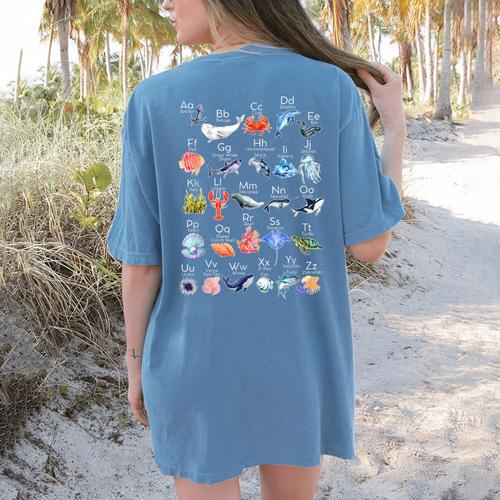 Ocean Animals Alphabet Cute Sea Life ABC Marine Kids Teacher Women's Comfort Colors T-Shirt Back Print - teacherstshirts.com