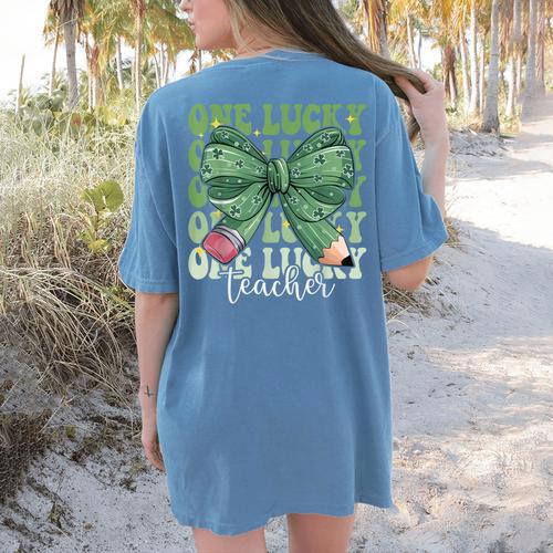 One Lucky Teacher Coquette Bow St Patricks Day Teacher Women's Comfort Colors T-Shirt Back Print - teacherstshirts.com UK
