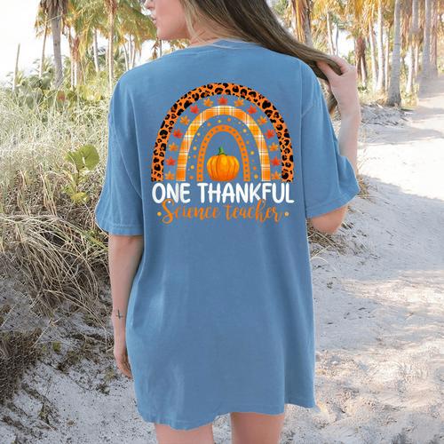 One Thankful Science Teacher Rainbow Boho Fall Thanksgiving Women's Comfort Colors T-Shirt Back Print - teacherstshirts.com