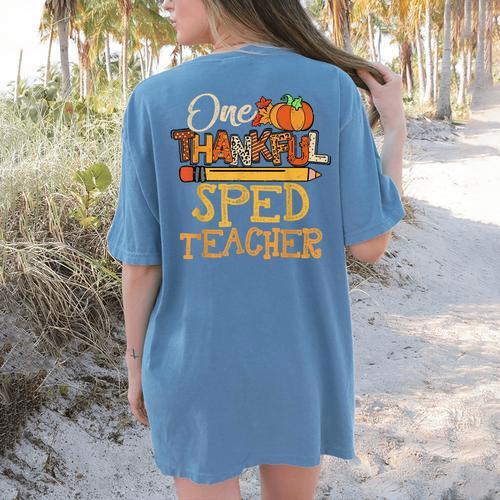 One Thankful Sped Teacher Cute Thanksgiving Women Women's Comfort Colors T-Shirt Back Print - teacherstshirts.com