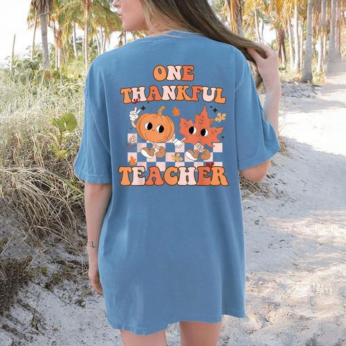 One Thankful Teacher Fall Leaves Thanksgiving Retro Women's Comfort Colors T-Shirt Back Print - teacherstshirts.com UK