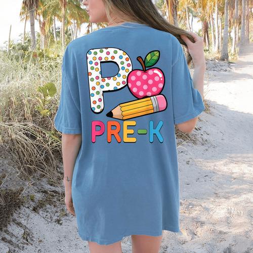 P Is For Pre K Teacher Student Pencil Apple Back To School Women's Comfort Colors T-Shirt Back Print - teacherstshirts.com UK