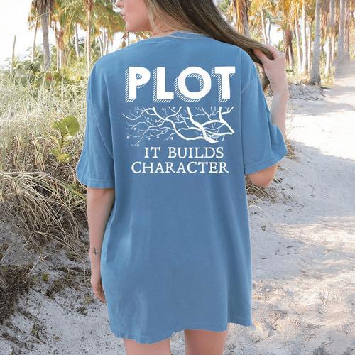 Plot It Builds Character Book Reading Teacher Women's Comfort Colors T-Shirt Back Print - teacherstshirts.com AU