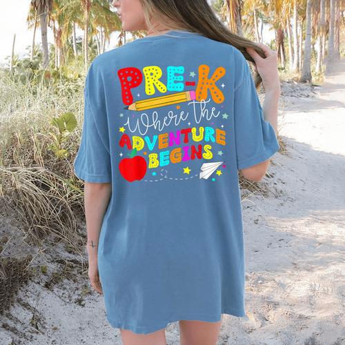 Pre-k Where The Adventure Begins First Day Of Prek Teacher Women's Comfort Colors T-Shirt Back Print - teacherstshirts.com CA